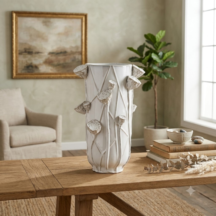 Vază decorativă din ceramică albă cu detalii florale reliefate [2]