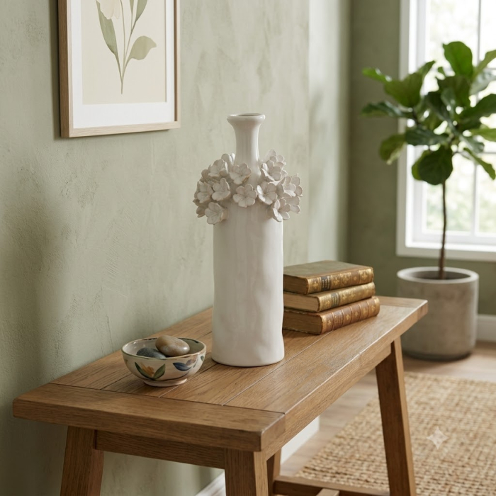 Vază decorativă din ceramică albă cu detalii florale reliefate formă alungită [2]