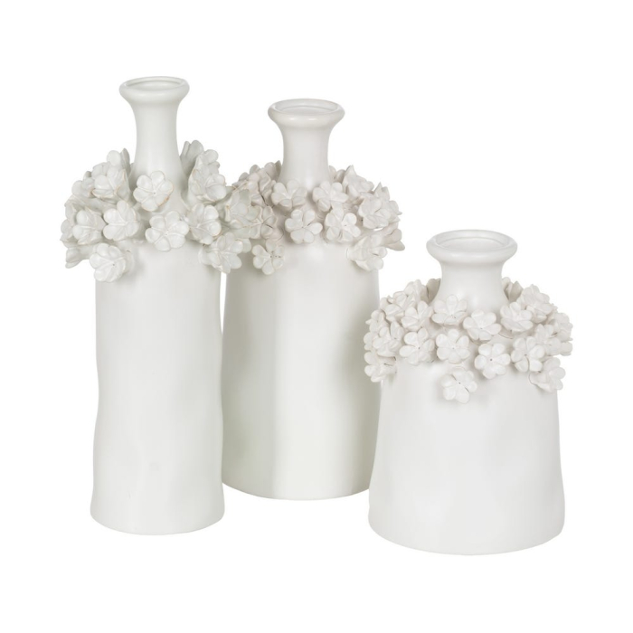 Vază decorativă din ceramică albă cu detalii florale reliefate formă rotunjită [2]