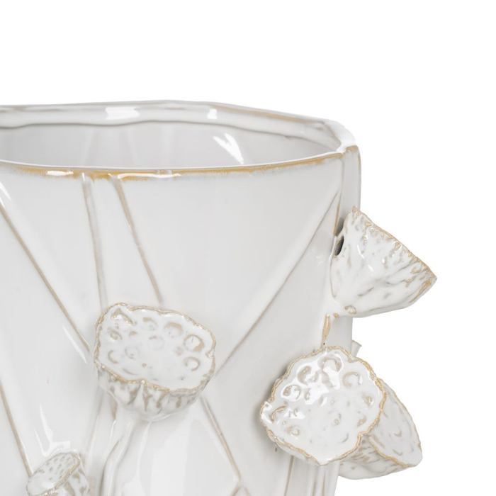 Vază decorativă din ceramică albă cu detalii florale reliefate formă rotunjită [4]
