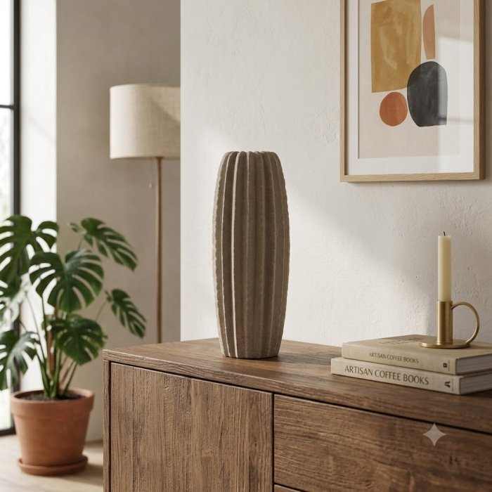 Vază decorativă din ceramică bej aspect piatră model striat vertical [2]