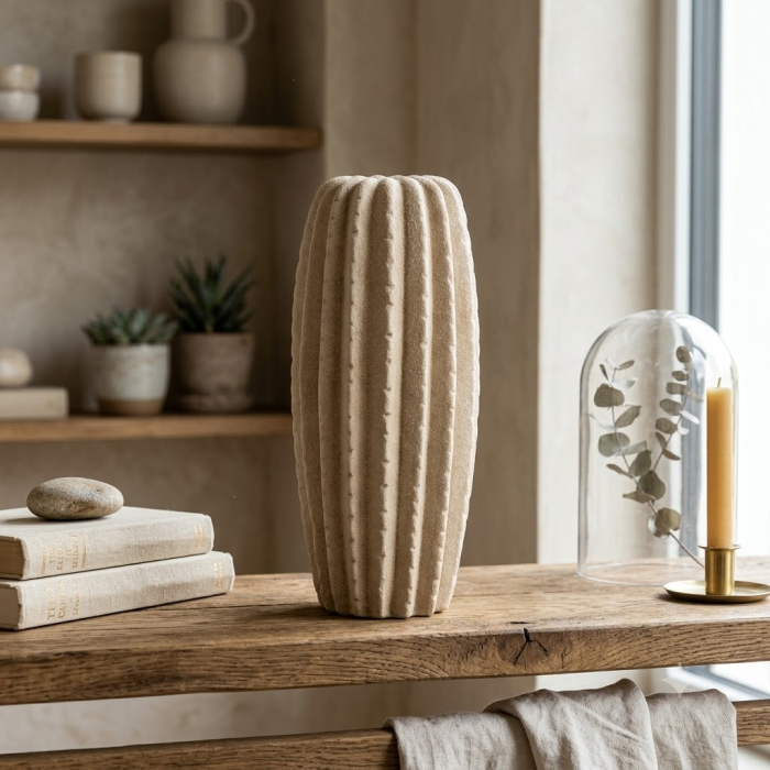 Vază decorativă din ceramică bej model striat vertical formă alungită îngustă [2]