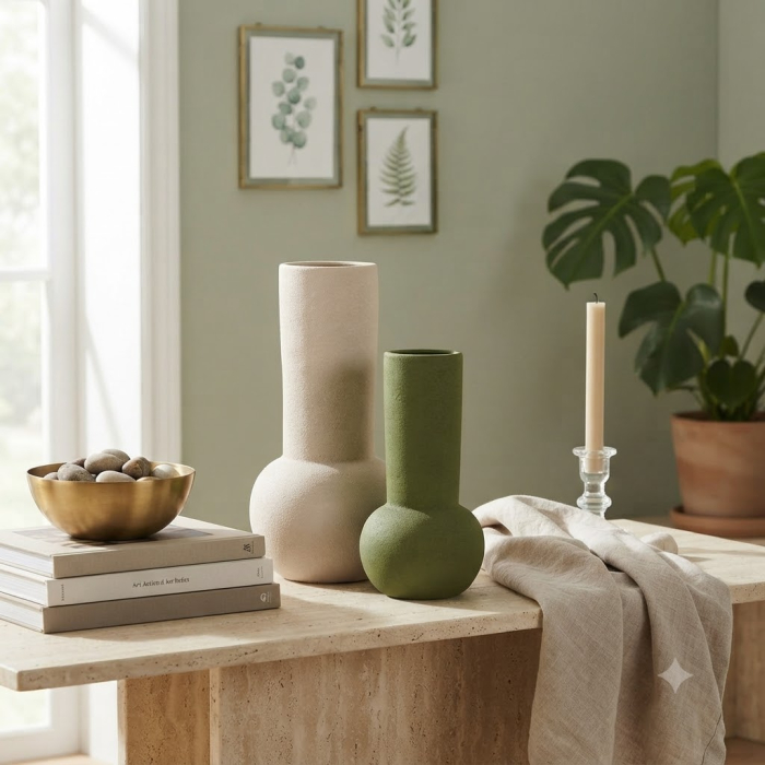 Vază decorativă din ceramică crem cu formă cilindrică și bază rotundă [2]