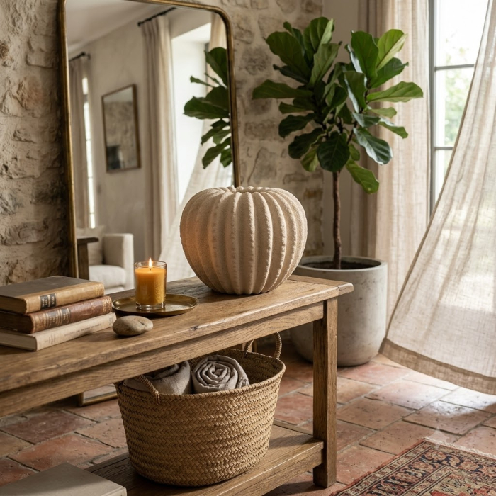Vază decorativă din ceramică crem cu model striat formă rotunjită [2]