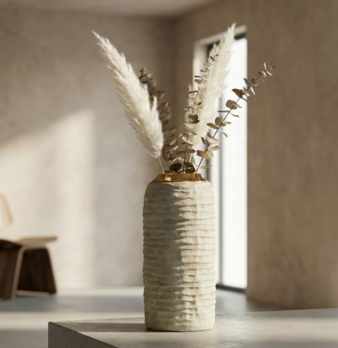 Vază decorativă din ceramică gri mat cu interior auriu design elegant cilindric [5]