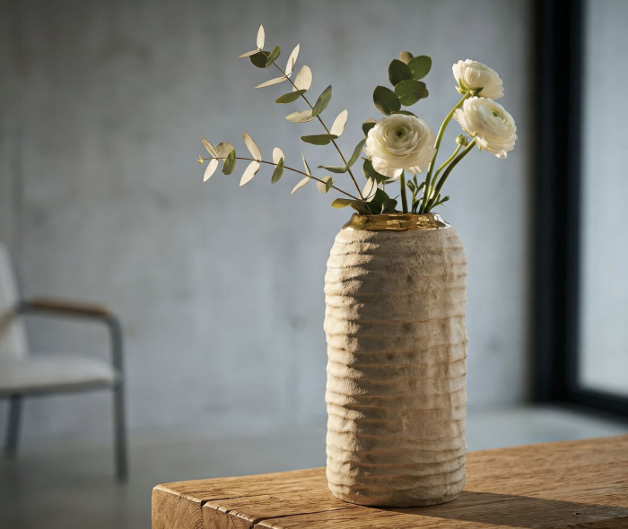 Vază decorativă din ceramică gri mat cu interior auriu design compact [2]