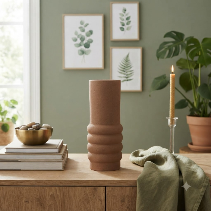 Vază decorativă din ceramică maro cu formă cilindrică și relief inelar [2]