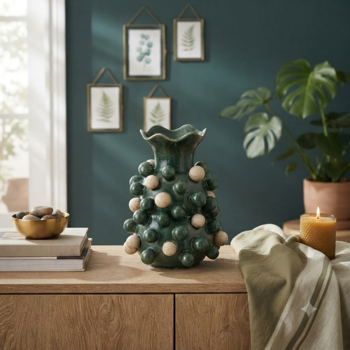 Vază decorativă din ceramică verde cu alb cu relief sferic [2]
