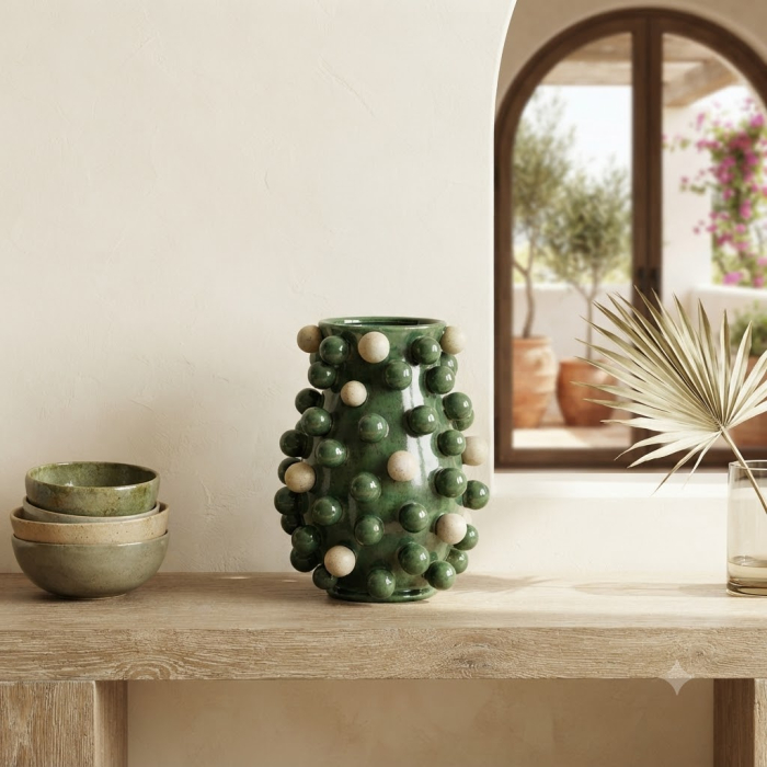 Vază decorativă din ceramică verde cu alb cu relief sferic [2]