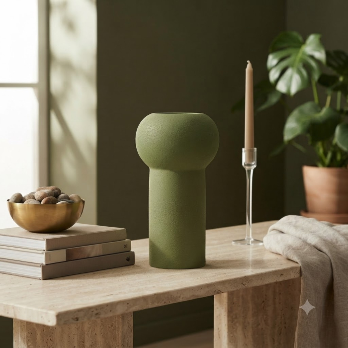Vază decorativă din ceramică verde cu formă cilindrică și cap rotund [2]