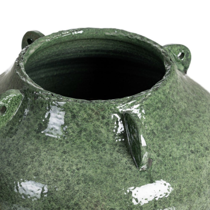 Vază decorativă din ceramică verde glazurată cu siluetă joasă rotunjită – imagine principală pe consolă [3]
