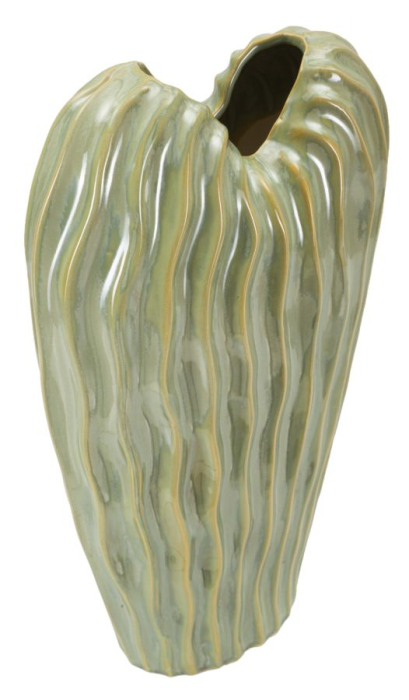 Vază decorativă din ceramică verde măsliniu cu coaste ondulate, vene ocru și gură în V [3]