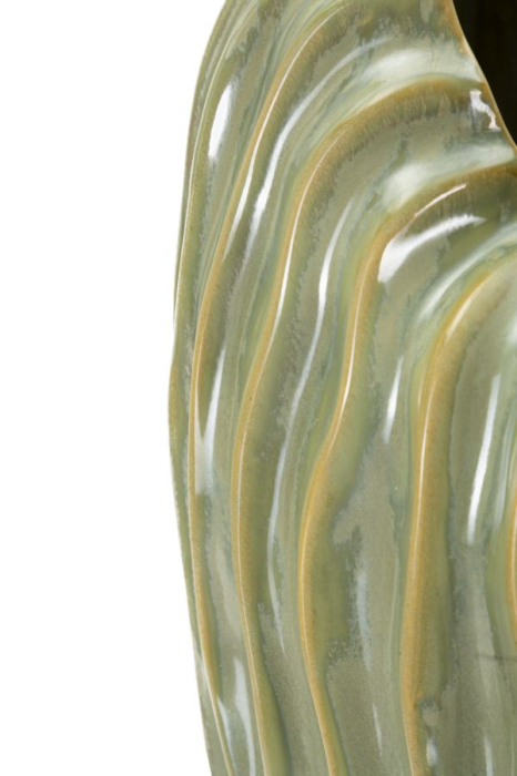 Vază decorativă din ceramică verde măsliniu cu coaste ondulate, vene ocru și gură în V [5]