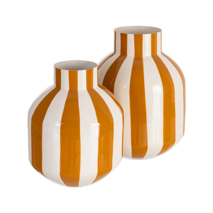 Vază decorativă din metal cu dungi verticale muștar alb rotunjită [2]