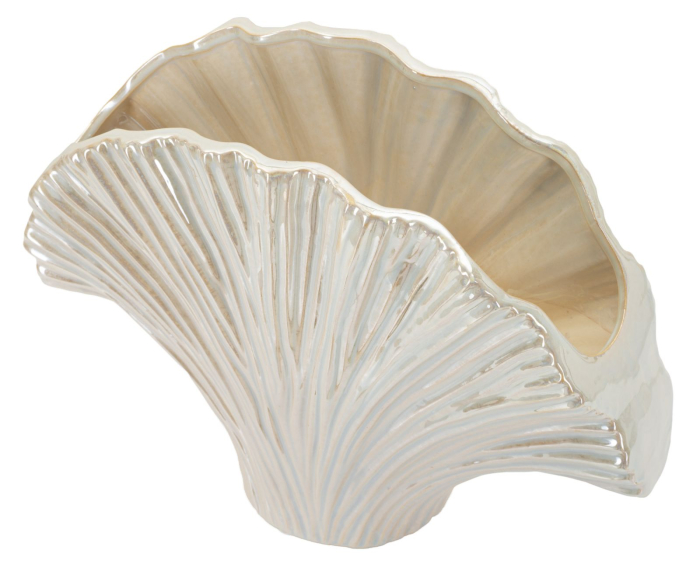 Vază decorativă evantai din ceramică alb perlat cu striații fine în relief și interior bej [3]