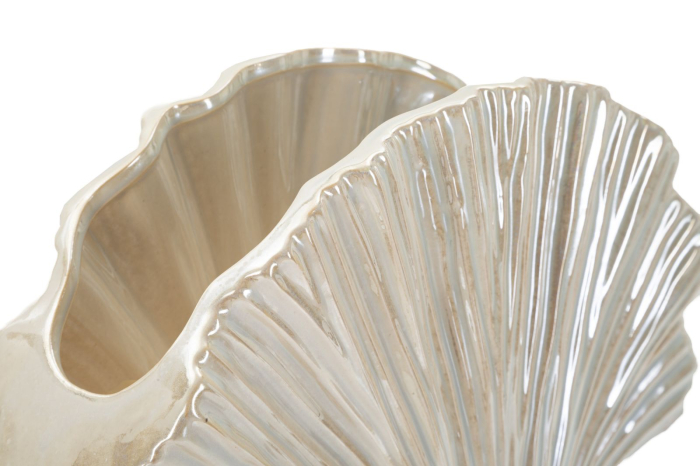 Vază decorativă evantai din ceramică alb perlat cu striații fine în relief și interior bej [4]