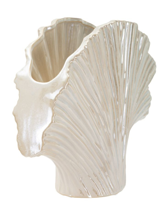 Vază decorativă evantai din ceramică alb perlat cu striații fine în relief și interior bej [2]