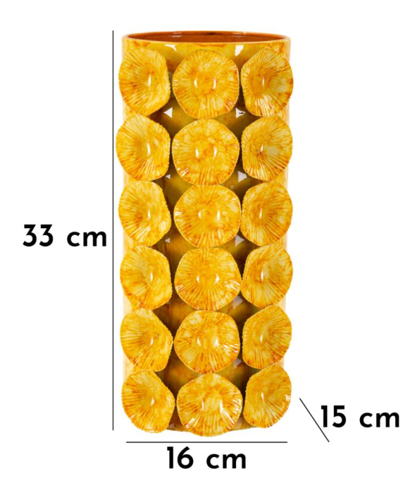 Vază decorativă galben ocru cu discuri rotunde striate în relief pe corp marmorat [7]