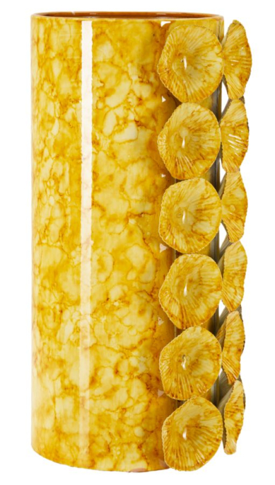 Vază decorativă galben ocru cu discuri rotunde striate în relief pe corp marmorat [2]