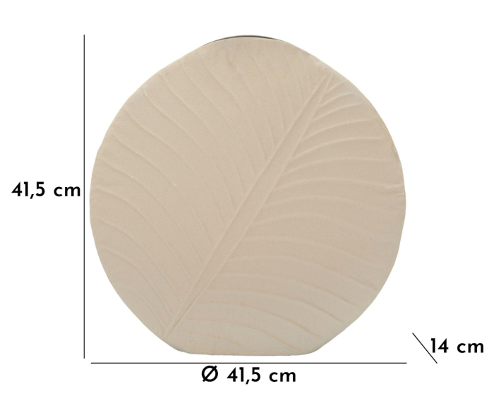 Vază decorativă în formă de disc din metal bej cu frunză gravată și gură îngustă [7]