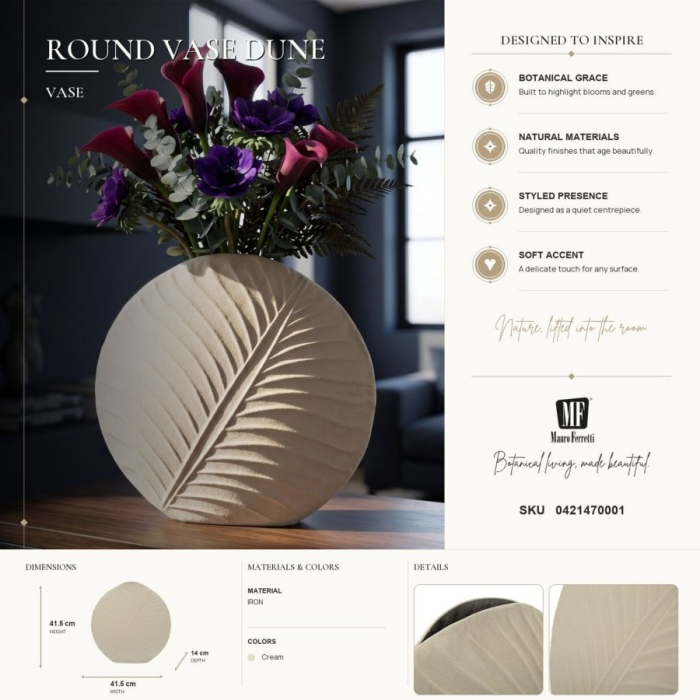 Vază decorativă în formă de disc din metal bej cu frunză gravată și gură îngustă [8]
