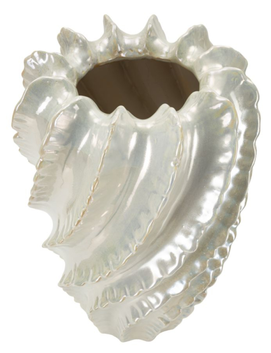 Vază decorativă înaltă din ceramică alb perlat cu coaste răsucite în spirală și margine ondulată [2]