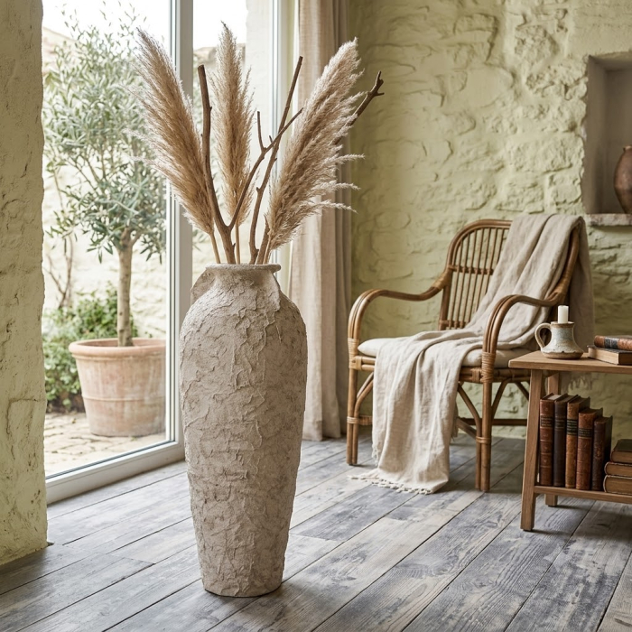 Vază decorativă înaltă din ceramică albă rustică formă cilindrică [2]