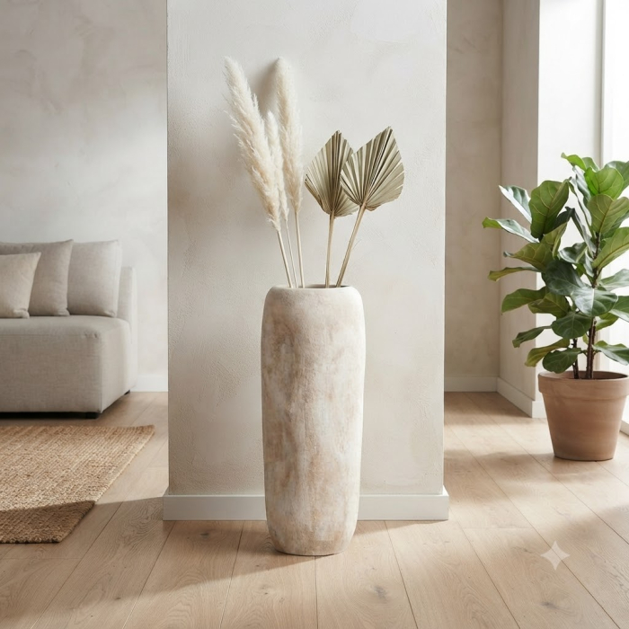 Vază decorativă înaltă ceramică crem formă cilindrică [2]