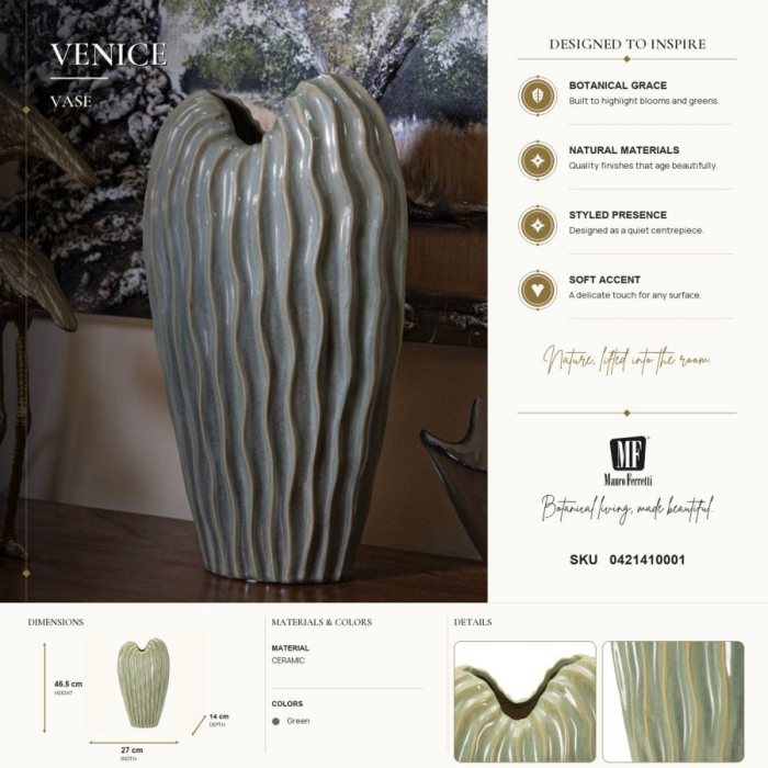 Vază decorativă înaltă din ceramică verde salvie cu coaste ondulate și gură asimetrică [7]