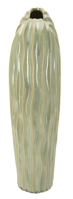 Vază decorativă înaltă din ceramică verde salvie cu coaste ondulate și gură asimetrică [2]