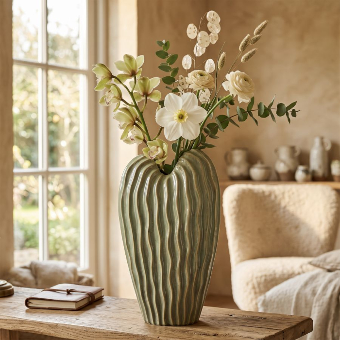 Vază decorativă înaltă din ceramică verde salvie cu coaste ondulate și gură asimetrică [6]
