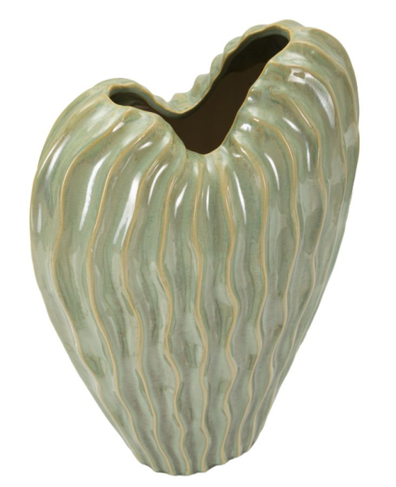 Vază decorativă înaltă din ceramică verde salvie cu coaste ondulate și gură asimetrică [3]