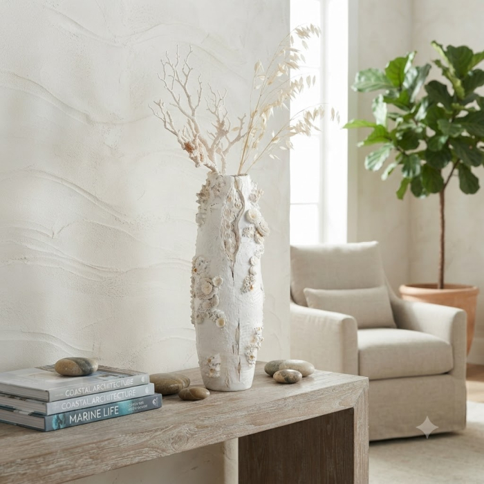 Vază decorativă înaltă din polirășină albă model coral reliefat [2]