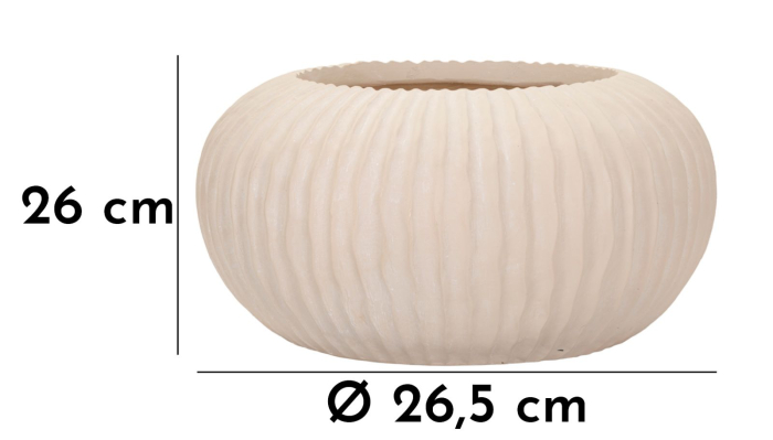 Vază decorativă joasă și lată bej cu caneluri verticale, margine zimțată fin și gură largă [7]