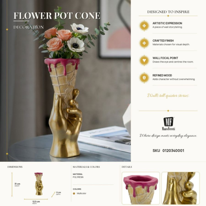 Vază decorativă mână aurie care ține un cornet de înghețată cu glazură roz [10]