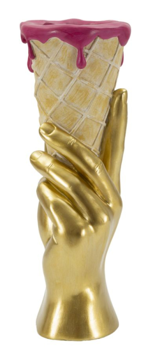 Vază decorativă mână aurie care ține un cornet de înghețată cu glazură roz [4]