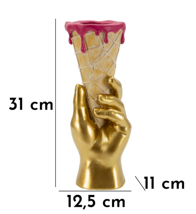 Vază decorativă mână aurie care ține un cornet de înghețată cu glazură roz [9]