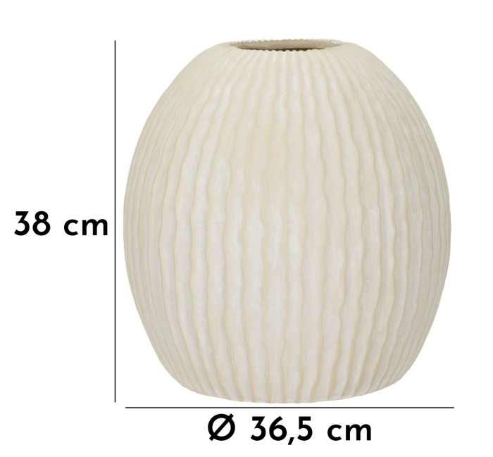 Vază decorativă ovoidală crem cu caneluri verticale ondulate, gură îngustă zimțată și aspect de piatră [7]