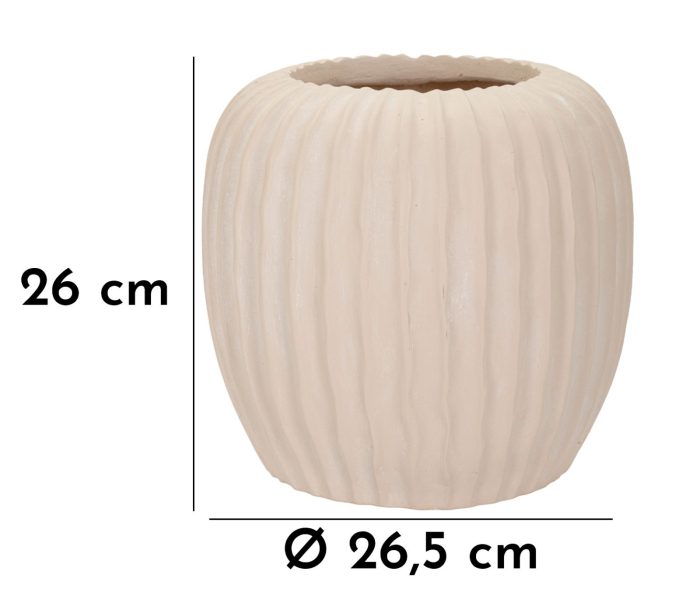 Vază decorativă rotundă bej cu caneluri verticale line, margine zimțată fin și interior brun adânc [7]
