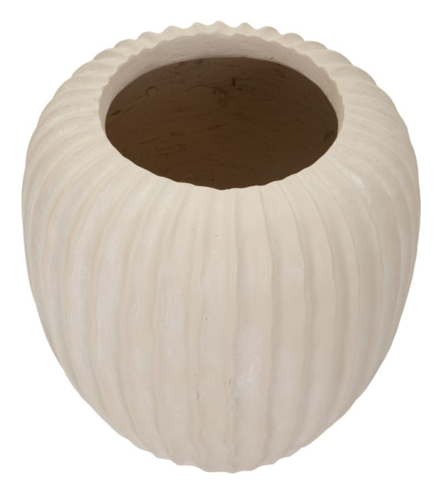 Vază decorativă rotundă bej cu caneluri verticale line, margine zimțată fin și interior brun adânc [2]