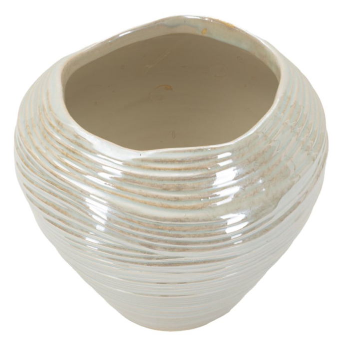 Vază decorativă rotundă din ceramică alb perlat cu striuri fine, gură ondulată și interior bej [2]