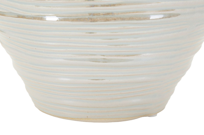 Vază decorativă rotundă din ceramică alb perlat cu striuri fine, gură ondulată și interior bej [5]