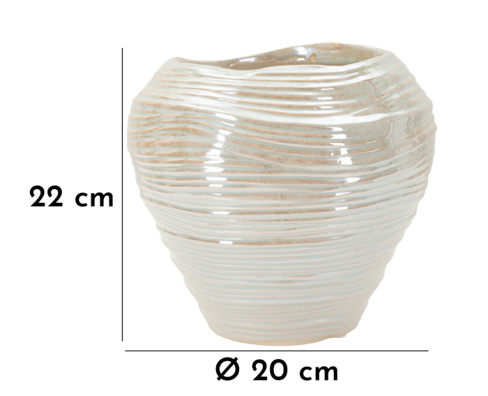 Vază decorativă rotundă din ceramică alb perlat cu striuri fine, gură ondulată și interior bej [7]