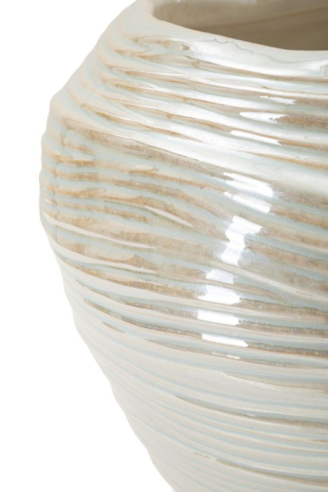 Vază decorativă rotundă din ceramică alb perlat cu striuri fine, gură ondulată și interior bej [4]