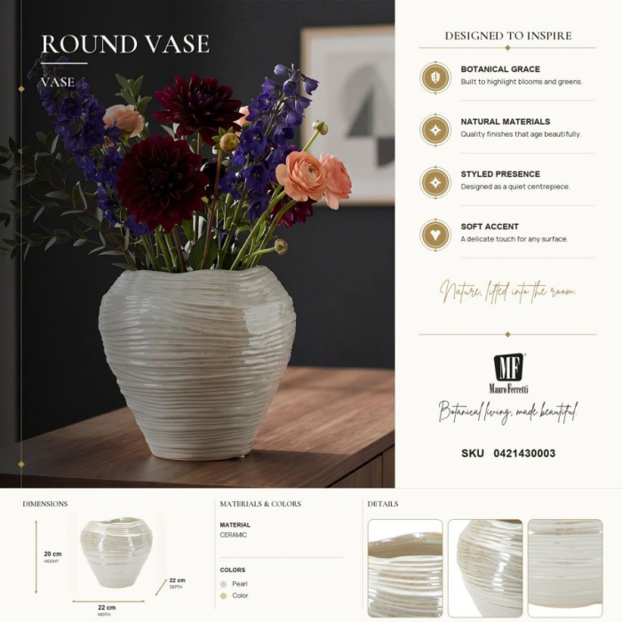 Vază decorativă rotundă din ceramică alb perlat cu striuri fine, gură ondulată și interior bej [8]