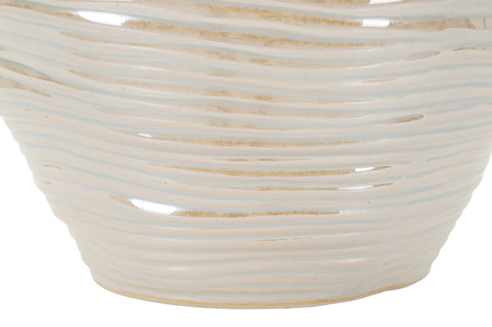 Vază decorativă rotundă din ceramică alb perlat cu striuri orizontale și gură ondulată [5]