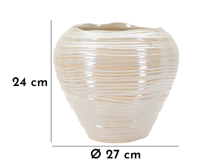Vază decorativă rotundă din ceramică alb perlat cu striuri orizontale și gură ondulată [7]