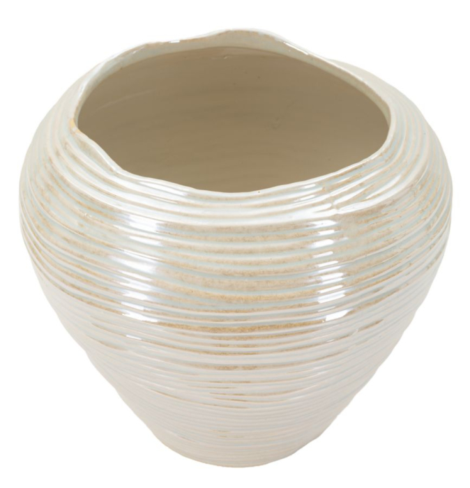 Vază decorativă rotundă din ceramică alb perlat cu striuri orizontale și gură ondulată [2]