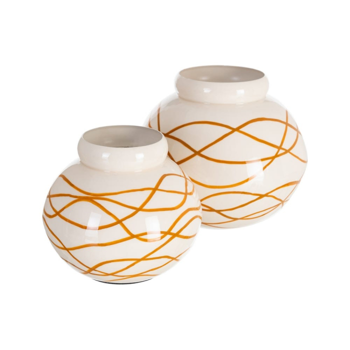 Vază decorativă rotundă din metal alb cu linii muștar [2]