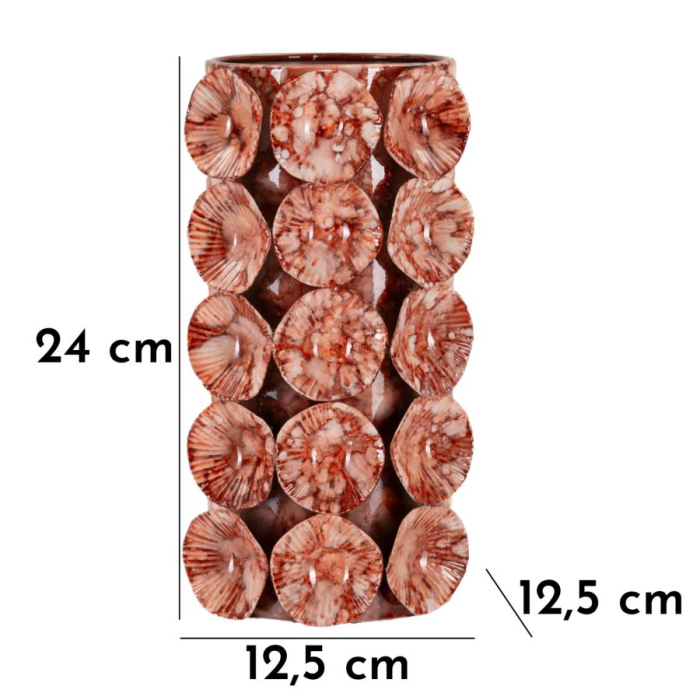 Vază decorativă teracotă cu discuri striate în relief, pete albe și interior maro închis [7]